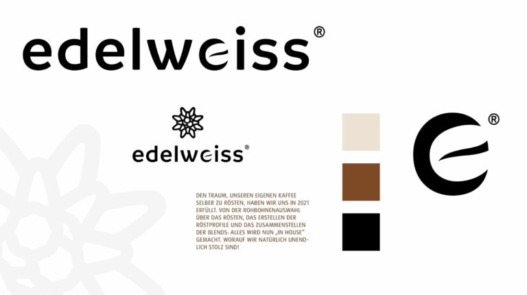 Werbeagentur, Weiden, Oberpfalz, Amberg, Cham, Hof, Marketing, Werbung, kreativmaleins, Geschäftsausstattung, Edelweiss, Logo, Branding, Speisekarte, Öffungszeiten, Marken-Refresh, Kaffee, Frühstück, Kaffeebohnen, Espresso, Cocktails, Bier, Tee