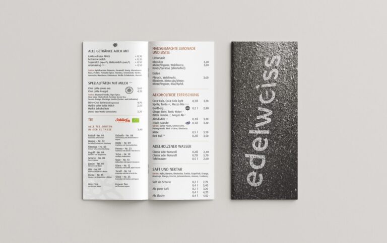 Werbeagentur, Weiden, Oberpfalz, Amberg, Cham, Hof, Marketing, Werbung, kreativmaleins, Geschäftsausstattung, Edelweiss, Logo, Branding, Speisekarte, Öffungszeiten, Marken-Refresh, Kaffee, Frühstück, Kaffeebohnen, Espresso, Cocktails, Bier, Tee