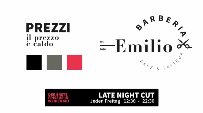 Werbeagentur, Weiden, Oberpfalz, Amberg, Cham, Hof, Marketing, Werbung, kreativmaleins, Flyer, Visitenkarte, Geschäftsausstattung, Online, Webdesign, Webseite, Emilio, Barberia, Friseur, Late Night Cut, Öffnungszeiten, Preisliste, Café