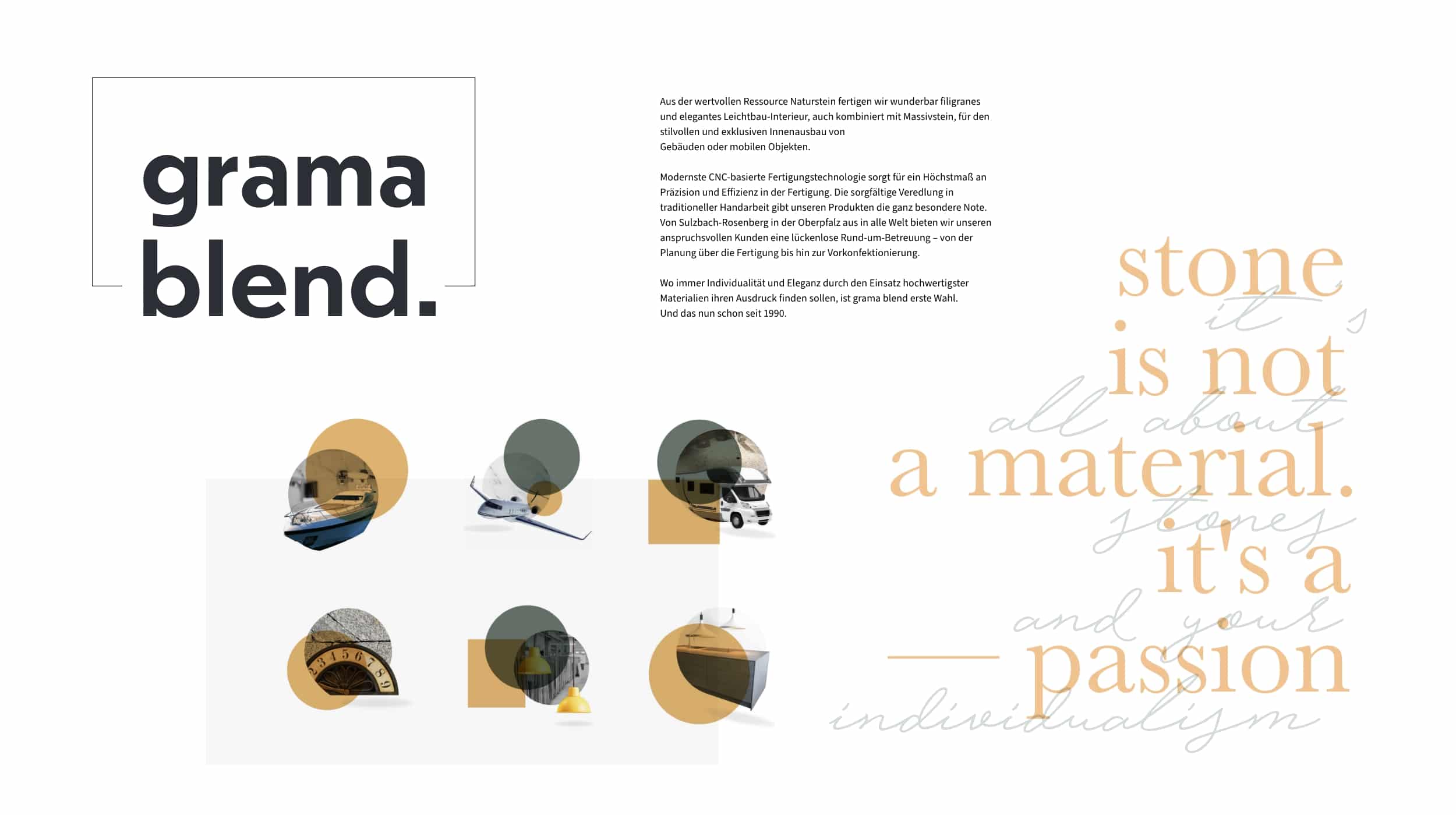 Werbeagentur, Weiden, Oberpfalz, Amberg, Cham, Hof, Marketing, Werbung, kreativmaleins, Visitenkarten, Geschäftsausstattung, Webseite, Webdesign, Online, Gramablend, Monostone, Stein, Marmor, Yacht, Flugzeug, Reisemobil, Aufzug, Innenausbau, Küchen