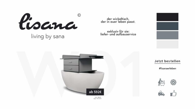Werbeagentur, Weiden, Oberpfalz, Amberg, Cham, Hof, Marketing, Werbung, kreativmaleins, Visitenkarten, Geschäftsausstattung, Webseite, Webdesign, Online, Sana, Trennwandbau, Sanitär, Lisana, Wickelkommode, Wickelaufsatz, Wickeltisch, Bad, Badewanne, Familie, lisanaliving